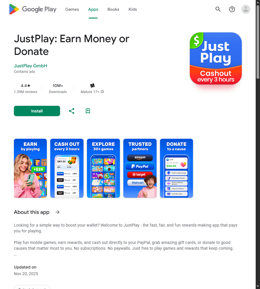 JustPlay Google Play App Listing Page
