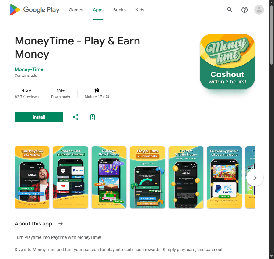 Money Time Google Play App Listing Page